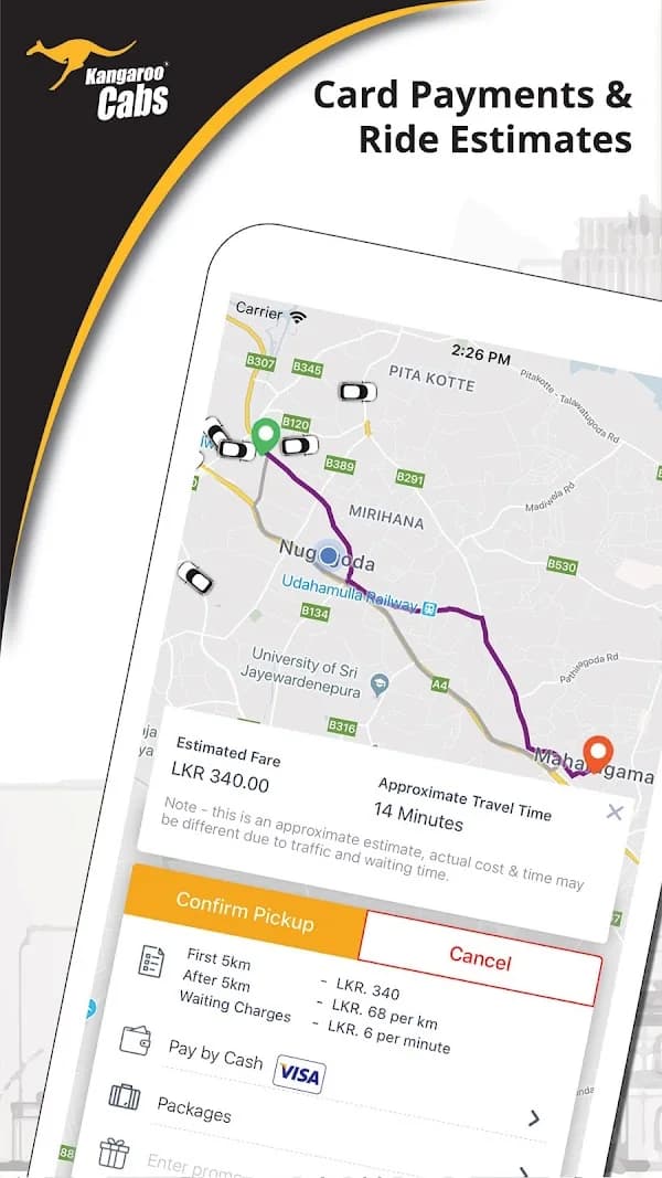 Kangaroo Cabs: Android · Fare estimates and payments